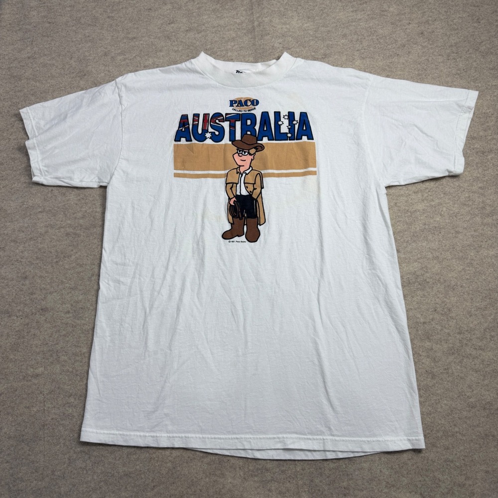 Vintage 1997 Paco Australia Graphic T-Shirt Tultex White Mens XL Outback Tee